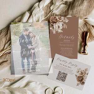 Vellum Wedding Invitation, Elegant Photo Backer Invite, Ivory and Moose Wedding Stationery, Modern Invitation, Elegant Arch Invitation