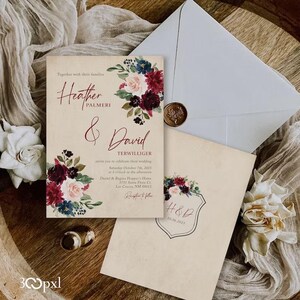 Vintage-style fall wedding invitation with matching backside