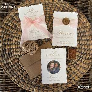 Cartão de proposta de madrinha com bordas de decote e fita de seda – presente elegante de você será minha madrinha, convite minimalista para festa de casamento feito à mão