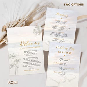 Cartão de casamento na praia, Mensagem de boas-vindas para casamento, Cronograma de casamento na praia, Convite para casamento na praia, Cartão com detalhes do casamento, Convite de casamento