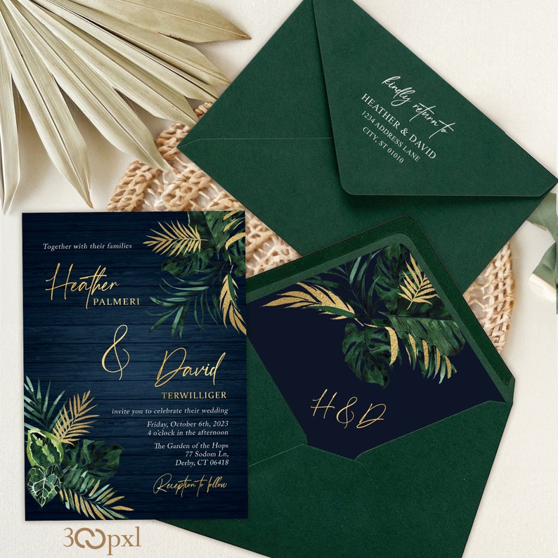 Moody tropical wedding invitation with dark green envelopes, liner and address printing