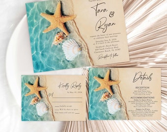 Romantic Beach Wedding Invitation Set Hawaii Shells Sandy Beach Star Fish Tropical Destination Blue Water Shimmery Teal Turquoise Waters