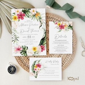 Tropical Wedding Invitation, Palm Leaves RSVP Card, Plumeria & Hibiscus Floral Wedding Set, Personalized Wedding Invitations, Hawaii Wedding