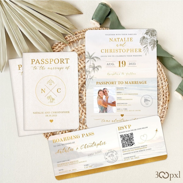 Passport Wedding Invitation Destination Travel Wedding Boarding Pass, Tropical Mexico Wedding, Jamaica Wedding Passport Invitation Set