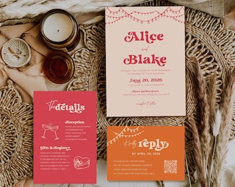 Retro Pink Orange Wedding Invitation Suite, Whimsical Hand Drawn Stationery, Groovy Invite - Digital