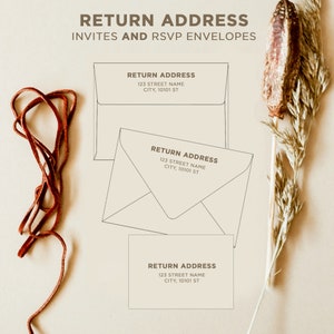 May include: Three return address labels for envelopes, with the text "RETURN ADDRESS" and the address "123 STREET NAME CITY, 10101 ST". The labels are on a beige background with a brown stem and dried flower.