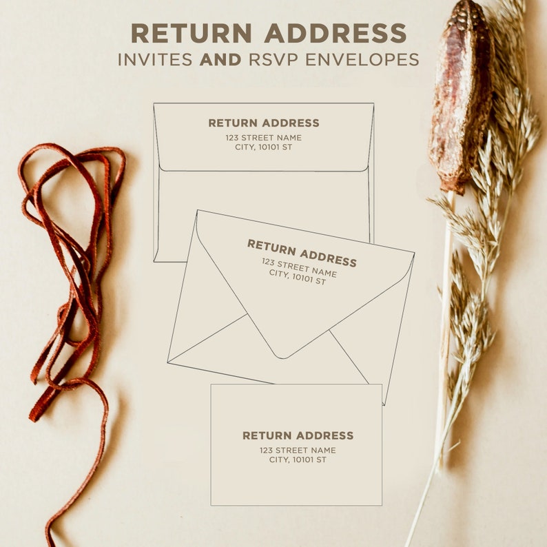 May include: Three return address labels for envelopes, with the text "RETURN ADDRESS" and the address "123 STREET NAME CITY, 10101 ST". The labels are on a beige background with a brown stem and dried flower.