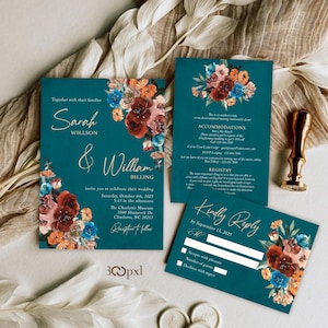 Fall Wedding Invitation Set, Rust Floral Invitations, Autumn Wedding Invitation, Personalized Invitations,  Pampas Invite,Terracotta Wedding