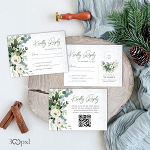Eucalyptus Champagne Roses Greenery Wedding RSVP options: Traditional style, QR code with website or post card style