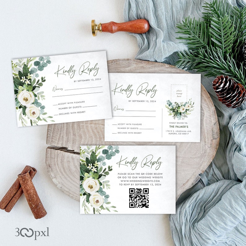 Eucalyptus Champagne Roses Greenery Wedding RSVP options: Traditional style, QR code with website or post card style