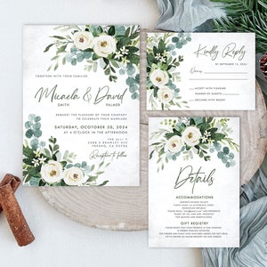 Eucalyptus Wedding Invitation, Sage Green Wedding Invite, Champagne Wedding Invitation, Botanical Wedding Invitation with Ivory Flowers