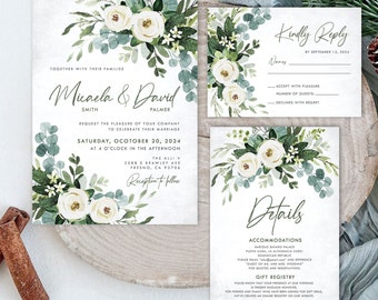 Botanical Wedding Invitations, Eucalyptus Greenery and Ivory Floral Design, Rustic Elegant Wedding Invite