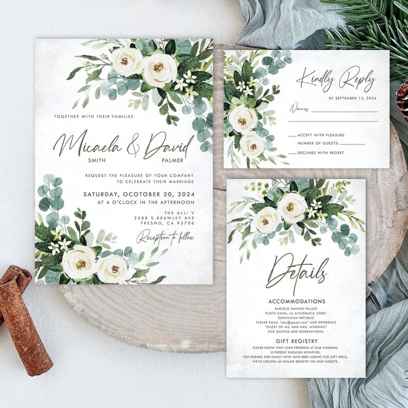 Eucalyptus Greenery Wedding Invitation with White Flowers