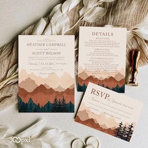 Mountain Wedding Invitation Set Redwood Fall Destination Terracotta Rust Burnt Orange Forest Green Minnesota Minimalist Forest Park