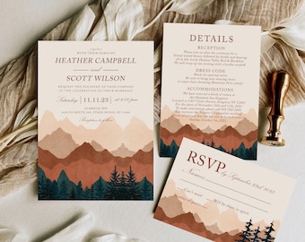 Rust Mountain Wedding Invitation Set, Terracotta Nature Adventure Theme, Rustic Outdoor Wedding Invite