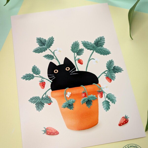 Black cat art print | Strawberry pot whimsical illustration