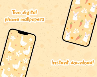 Illustrated cute bunny and goose digital phone wallpapers | Set of 2 cute phone backgrounds