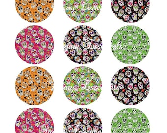 May include: Twelve round stickers with a colorful Day of the Dead sugar skull pattern. The skulls are wearing flowers and have colorful accents.