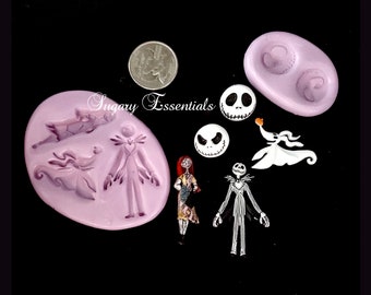 May include: A collection of Halloween-themed molds and figurines. Includes a quarter for size reference, two Jack Skellington face molds, a Zero figurine, and figures of Jack and Sally. The molds are lavender, and the figures are black, white, and orange.