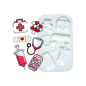 May include: A white silicone mold featuring cavities shaped like medical items, including a first aid kit, stethoscope, syringe, bandage, and pill blister pack. Beside the mold are colorful illustrations of these same medical objects.