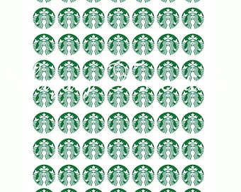 May include: A sheet of 64 green and white stickers featuring the Starbucks logo. Each sticker is a circle with a white mermaid inside a green circle with a white star above her head.