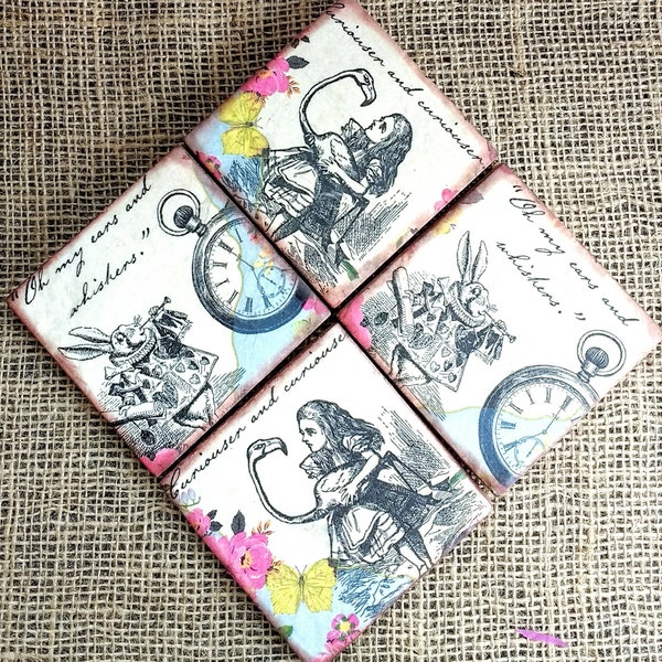 Stone Coasters (4), Drinks Mats, Stone Coaster, Alice in Wonderland (Ref 68)