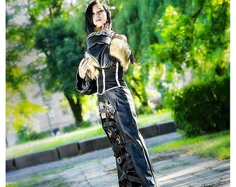Disfraz único de personaje de rol de Final Fantasy en color negro. Cosplay. Personaje: Lulu. Vestido con corsé/Final Fantasy 10