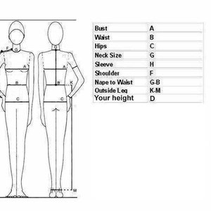 Puede incluir: Diagrama que muestra c&oacute;mo medir diferentes partes del cuerpo para la ropa, incluyendo el busto, la cintura, las caderas, el tama&ntilde;o del cuello, la manga, el hombro, la nuca a la cintura, la pierna exterior y tu altura.