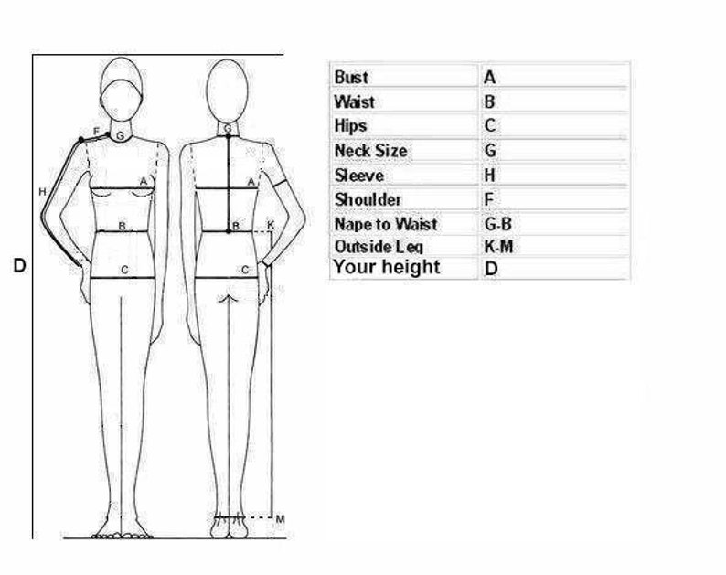 Puede incluir: Diagrama que muestra c&oacute;mo medir diferentes partes del cuerpo para la ropa, incluyendo el busto, la cintura, las caderas, el tama&ntilde;o del cuello, la manga, el hombro, la nuca a la cintura, la pierna exterior y tu altura.