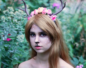 Floral headband with deer horns. Deer antlers cosplay. Floral forest deer headdress