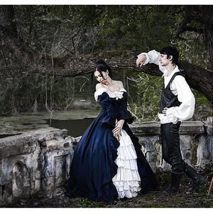 Blue Ball Gown Dress of the 18th century. Corseted dress Medieval dress