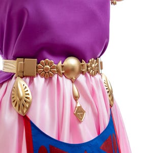 Puede incluir: Primer plano de un disfraz con una parte superior morada y una falda rosa. Un cintur&oacute;n dorado con detalles florales y geom&eacute;tricos acent&uacute;a la cintura. La falda tiene detalles azules y rojos.