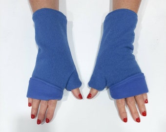 Royal blue women's mittens, women's mittens with thumb, cashmere mittens lined fleece fleece, reversible and modular model