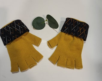 Multicolored mittens, women's mittens with yellow fingers, black fabric cuffs with ivory and orange diamonds, one size