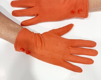 Orange women's gloves, orange solid base in faux suede, soft fleece lining pilou, mother-of-pearl buttons, tactile fingers, one size fits all