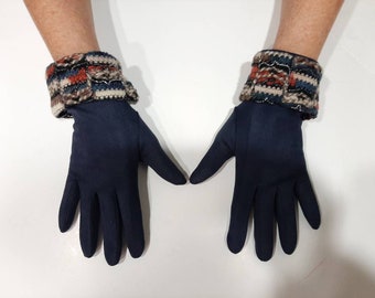 Rust copper blue gloves, black solid base women's gloves, blue wool lapels, rusty copper and lamé, one size fits all