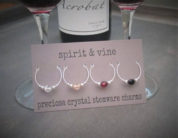 4 Crystal Wine Charms Silver Glass Charm 4 Crystal Wine Charms Silver Glass