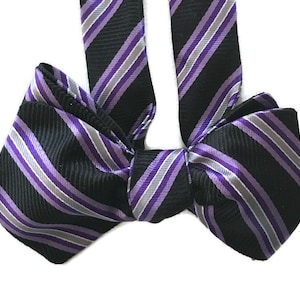 Men&#39;s Silk Bow Tie -  Purple Striipes - One-of-a-Kind, Handcrafted, Pre-ted or Self-tie