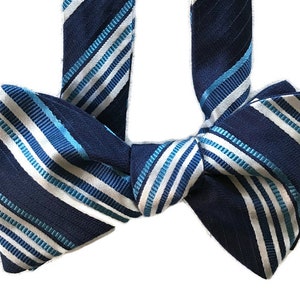 Men&#39;s Silk Bow Tie - Blue Stripe - One-a-Kind, Handcrafted, Self-tie - Free Shipping