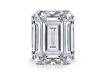May include: A clear emerald cut diamond gemstone.