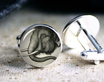 Elephant drawing cufflinks, cool gifts for men, wedding silver plated or black cuff link gift for men