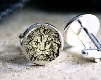 Lion drawing cufflinks, cool gifts for men, wedding silver plated or black cuff link gift for men