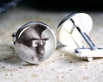 Monkey drawing cufflinks, cool gifts for men, wedding silver plated or black cuff link gift for men