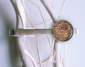 Paris map personalized tie clip, tie bar, tie tack, lapel pin, cool gifts for men, custom wedding silver plated or black