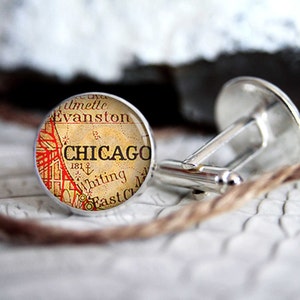 Cufflink Chicago vintage map custom personalized cufflinks, cool gifts for men, wedding silver plated or black cuff link gift for men