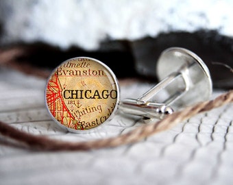 Cufflink Chicago vintage map custom personalized cufflinks, cool gifts for men, wedding silver plated or black cuff link gift for men