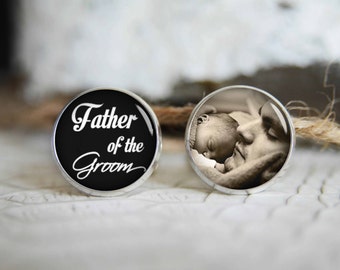 Father of the groom personalized photo cufflinks, cool gifts for men, custom wedding silver plated or black cuff link
