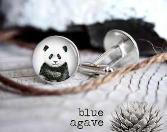 Panda drawing cufflink custom personalized cufflinks, cool gifts for men, wedding silver or black cuff link gift for men