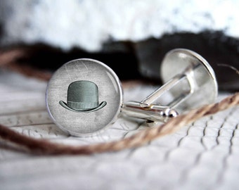 Hat vintage drawing cufflink custom personalized cufflinks, gifts for men, wedding silver plated or black cuff link gift for men