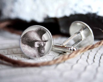 Cufflink monkey drawing custom personalized cufflinks, cool gifts for men, wedding silver plated or black cuff link gift for men